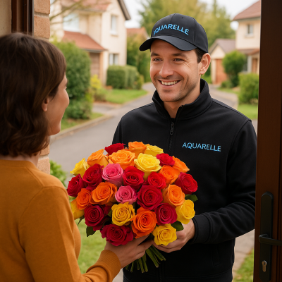 Livraison de fleurs à domicile – un livreur souriant remet un bouquet coloré de roses à une cliente devant sa maison. livraison-fleurs-domicile-bouquet-roses